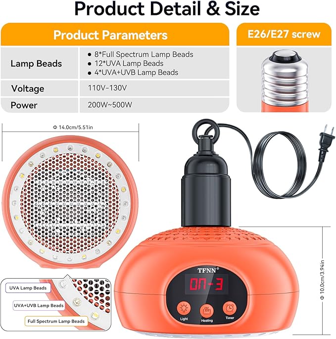 Chicken Coop Heater Lamps,200W-350W-500W Reptile Heating Lamp Upgraded with UVA UVB Ligh 3-6-9-12H Timer,Protable Greenhouse Heater for Outdoor Chicken Coop for Reptile Rabbits Dog Cats (Orange)