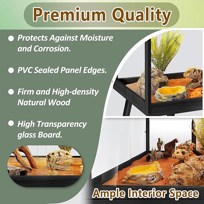 Prolee Tempered Glass Reptile Enclosure with Leg,32“ Scratch-Proof Bearded Dragon Tank,32 Gallon Lizard Tank with Metal Mesh Tops and Lockable Door,Spacious Reptile Habitat for Snake,Tortoises (Black)