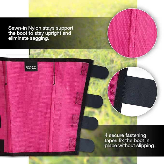 Harrison Howard Loose Fitting Fly Boots UV-Protective Extra Tough Mesh Ventilated Four Fasteners Stay-on Design Protect Horse Legs & Stomp-Reducing Set of 4 Magenta Small