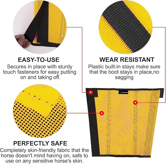 FOXLVDA Horse Fly Boots - Fly Boots for Horses Set of 8, Comfortable Horse Leggings, Mesh Material Design with Metal Support Bars for Reduces Stomping & Leg Fatigue (Green-Yellow, Large)
