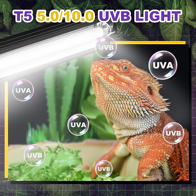 T5 HO UVB Lighting Combo Kit, 24W Reptile Light Fixture with Fluorescent Light Bulbs, Tropical 5.0 UVB Light for Reptiles and Amphibians, Basking Light for Bearded Dragon, High Output Natural Light