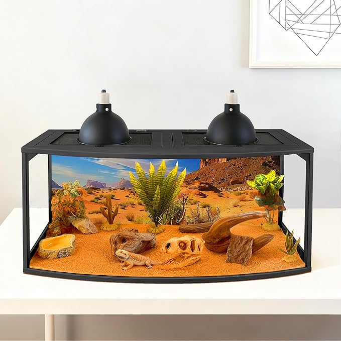 PROLEE Bearded Dragon Tank, Curved Reptile Enclosure with 3-Side Clear Acrylic Panels, Spacious Lizard Tank with Metal Mesh Top and Lockable Door for Reptile Habitat (Black, 32" Length,34 Gallons)