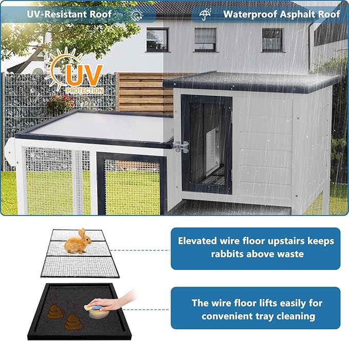 Rabbit Hutch Indoor Bunny Cage Outdoor Chicken Coop with Wire Floor Slide Out Tray, Chew-Resistant Ramp & Entrance Openable Waterproof Roof & UV-Resistant Roof Handle Wheels