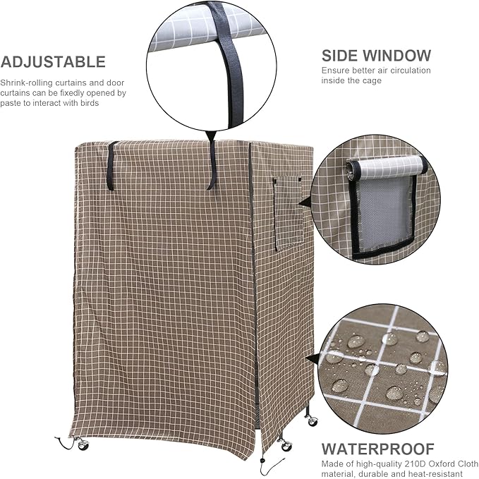 Ymiko Birdcage Cover Universal Windproof Cage Cover with Side Window Light Blocking for Large Bird Cages Hamster Cages Cat Cages Dog Cages (Brown)