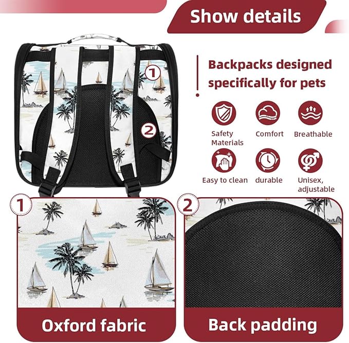 Coconut Palm Trees Sailboat Summer Beach Pet Travel Carrier Soft Sided Portable Bag for Cats, Small Dogs, Kittens or Puppies