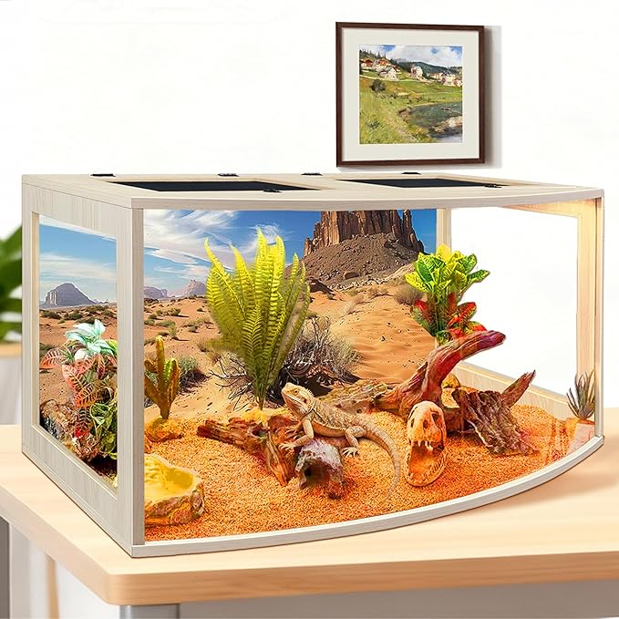 PROLEE Bearded Dragon Tank, Curved Reptile Enclosure with 3-Side Clear Acrylic Panels, Spacious Lizard Tank with Metal Mesh Top and Lockable Door for Reptile Habitat