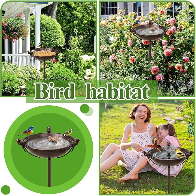 Freestanding Birdbaths Bowl Outdoor, Standing Garden Bird Bath Feeder Bowl with 3 Bird Statues, Birdbath & Birdfeeder with Metal Stake Garden Yard Lawn Decor (Brown)