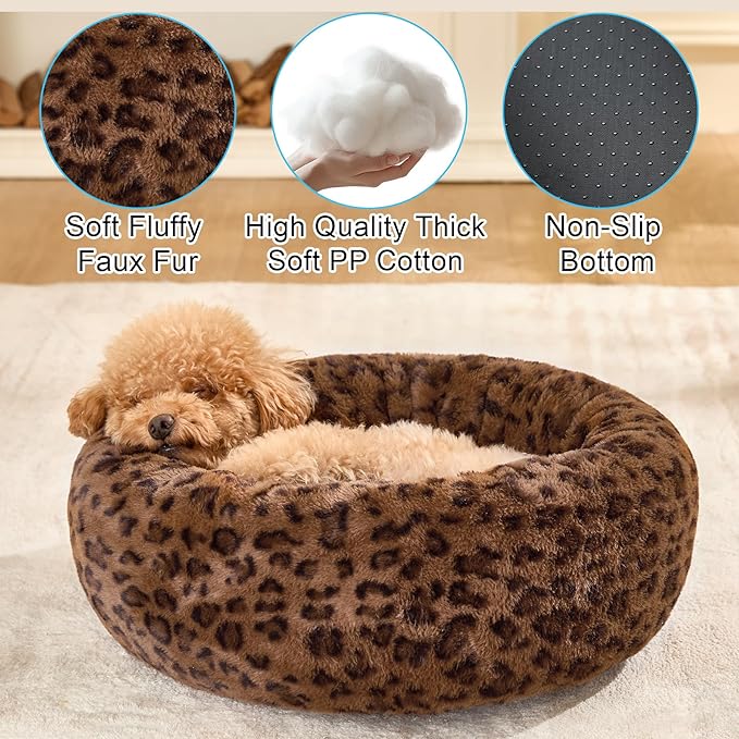Dog Calming Beds for Small Medium Large Dogs - Round Donut Washable Puppy Dog Bed, Anti-Slip Faux Fur Fluffy Donut Cuddle Anxiety Cat Pet Bed (28" Leopard Print)