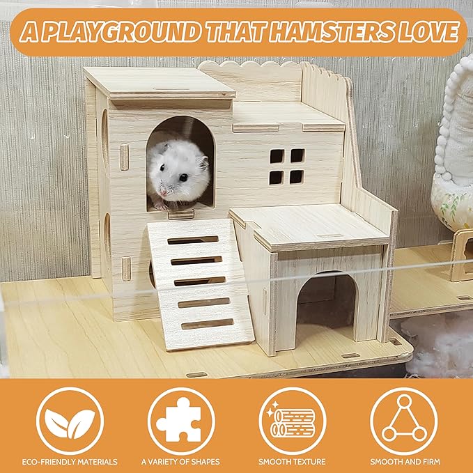 Hamster House, Tiny House with Slide House, Double-Decker Hut, Hamster Cage Accessories, Small Animal Habitat Decor for Small Hamster
