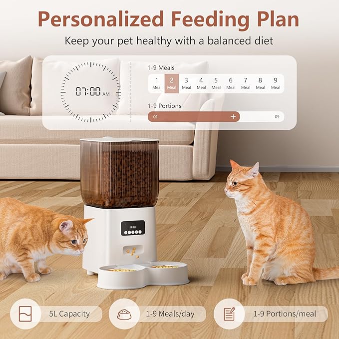 Automatic Cat Feeder, 5L Timed Cat Food Dispenser with Dual Power Supply, Pet Feeder up to 9 Meals per Day for 2 Cats, Automatic Pet Feeder for Small Dogs Indoor(Botton)