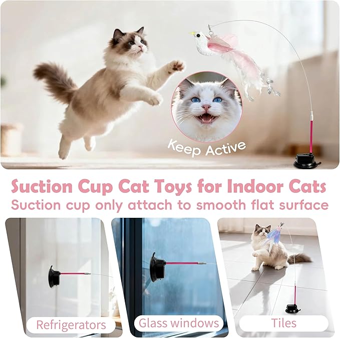 7-in-1 Kitten Toys for Indoor Cats with Washable Adhesive Suction Cup, Hanging Interactive Cat Toys, Silvervine Stick and Sisal Chew Rope Catnip Teething Toy for Bored Kitten (Pink)