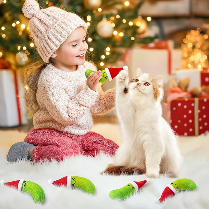 MALLMALL6 Catnip Toys for Cat - 5Pcs Christmas Pickle Catmint Interactive Cat Toy for Indoor Cats, Soft Santa Hat Kitten Supplies, Kitten Teething Chew Toy Set, Pet Xmas Gifts for Kitty Lover