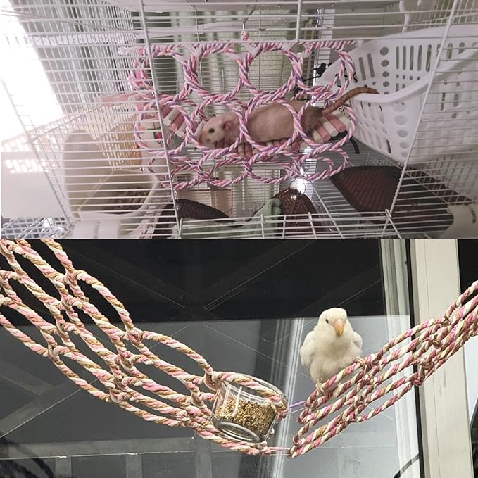 Bird Swing Climbing Rope Net Toys 14" x 24" Parakeet Hemp Rope Perch Swing Ladder Bridge Hanging Hammock Small Animal Activity Toy for Parrot Lovebirds Hamster Mice Rat Ferret (Random Color)(2 Pcs)