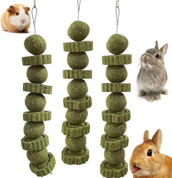 kathson 3Pcs Bunny Chew Toys Rabbit Chewing Toy for Teeth Grinding Chinchilla Treats Timothy Grass Cake Molar Balls for Guinea Pigs Hamsters Gerbils Rats Squirrels Playing Improve Pets Dental