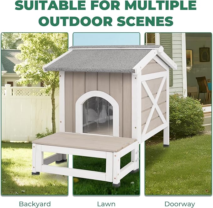 Small Outdoor Cat House Weatherproof, Wooden Cat House with Openable Roof, 2 Doors, Balcony, Outside Indoor Pet Feral Cats Houses Shelter with Elevated Feet for Small Animals, Grey
