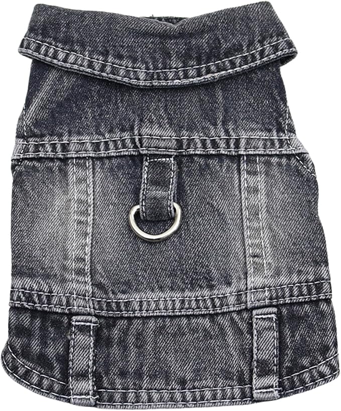 Puppy Clothes for Small Dogs Boy,Classic Western Denim Dog Coat,Dog Jeans Jacket with Leash D-Ring,Pet Cat Costumes,Cooling Harness Vest for Walking (Black, Medium)