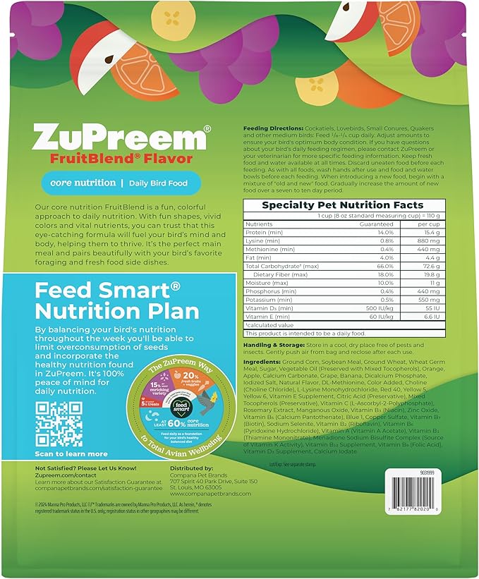 ZuPreem Smart Selects Daily Bird Food for Parakeet, Budgie, Parrotlet, Dove, Bird Pellets and Seed Blend, Core Nutrition for Small Birds, Made in USA, Parakeet Food, Budgie Food (S, 2 lb) (Pack of 2)