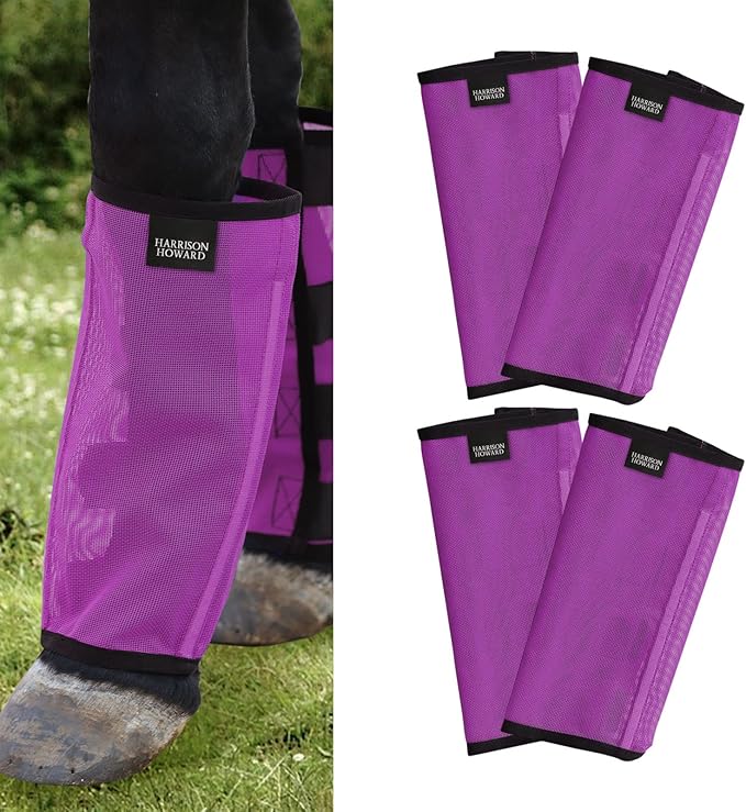 Harrison Howard Loose Fitting Fly Boots UV-Protective Extra Tough Mesh Ventilated Four Fasteners Stay-on Design Protect Horse Legs & Stomp-Reducing Set of 4 Purple Medium
