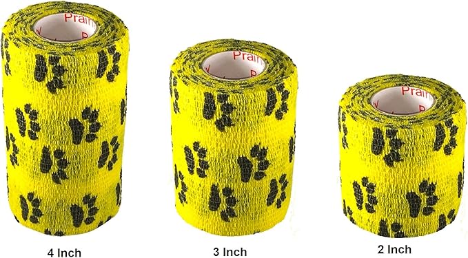 Vet Wrap Wrap Tape (Yellow with Paw Prints) (2 Pack) (3 Inch x 15 feet) Self Adhesive Adherent Adhering Cohesive Flex Self Stick Bandage Grip Roll Dog Cat Pet Horse