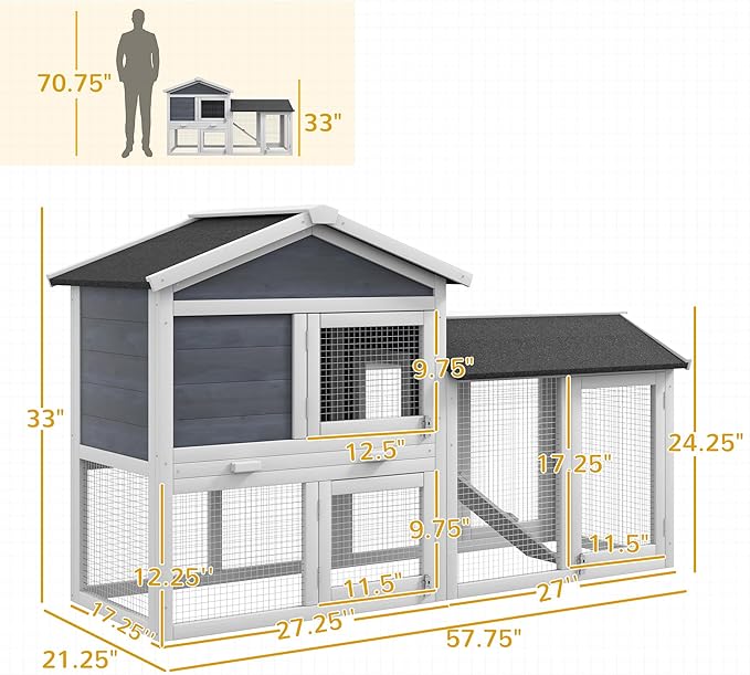 PawHut 58" Large Rabbit Hutch Outdoor Indoor, Wooden Bunny Hutch, Guinea Pig Cage with Run, Removable Tray, Asphalt Roof, Lockable Doors and Ramp, for 1-2 Small Rabbits, Gray