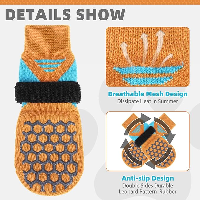 KOOLTAIL Dog Socks for Hot Pavement, Summer Breathable Dog Socks to Prevent Licking Paws, Non Slip Pet Boots&Paw Protectors for Hardwood Floor,Grippy Shoes for Small Medium Large Senior Dogs,Orange L