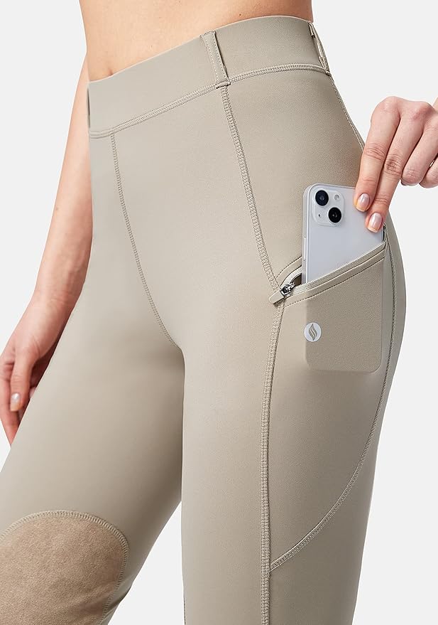 SANTINY Women's Horse Riding Pants with Zipper Pockets Knee-Patch Schooling Tights Equestrian Breeches for Women