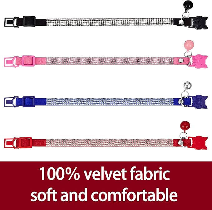 Weewooday 4 Pieces Rhinestones Cat Collars Breakaway Cat Collar with Bell Bling Pet Accessories with Soft Velvet, 4 Colors(S,Pink, Red, Black, Blue)
