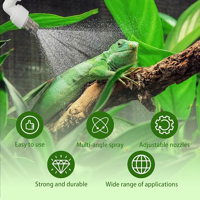 Reptile Terrariums Misting Accessories kit, Adjustable Dual-Head Reptile Mister Nozzles, with 16ft 1/4 inch Tube, White