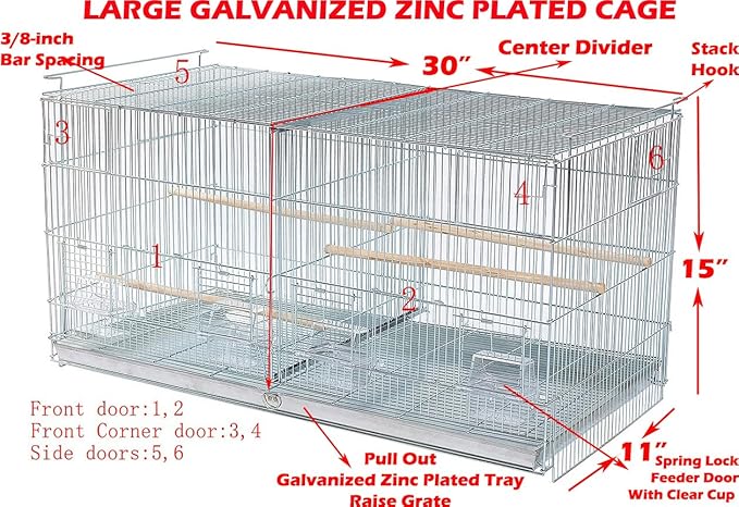Combo: Large Galvanized Zinc Plated Stack & Lock Breeder Bird Flight Cage Breeding Nest Door Removable Divider with Rolling Stand (ADD ON 30"x11"x15"H-LOT-4)