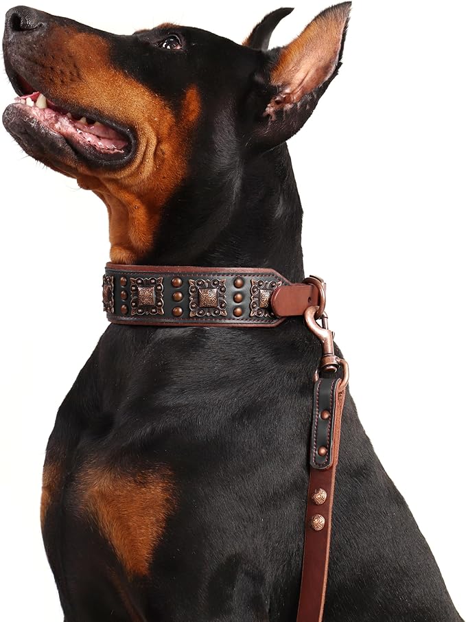 PET ARTIST Genuine Leather Dog Collar for Large Dogs, 2 inch Wide Luxury Dog Collar with Rivet Studded & Metal Buckle, Comfortable & Stylish Pet Collars for Great Dane Rottweiler,Black,Neck 22-25"