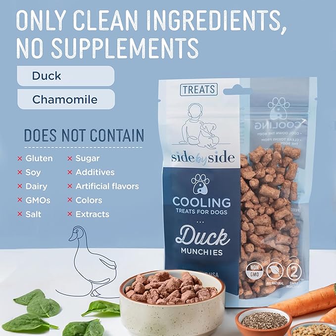 Side by Side Duck Munchies - Cooling Freeze-Dried Dog Treats - Ideal Dog Training Treats, Snack or Reward - Made of Whole Raw Ingredients, Free of Artificial Additives - USA Made (4oz., Pack of 2)