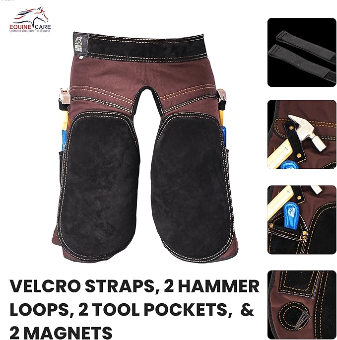 Equine Care Farrier Apron Chaps – 2mm Cowhide Suede Leather, 500 GSM Canvas, 23" Length, Adjustable Waist (28–52"), Ambidextrous Knife Pockets, Magnets & Loops – Horseshoeing & Hoof Trimming.