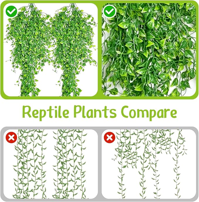 Hamiledyi Reptile Plants Tank Habitat Decorations Fake Hanging Vines 5 Pcs Artificial Leaves Habitat Decorations with Suction Cup for Bearded Dragon, Leopard Gecko, Lizard, Chameleon, Snake (Green)