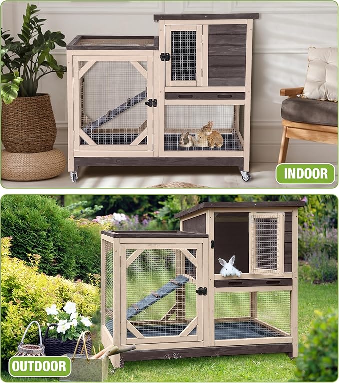 GUTINNEEN Rabbit Hutch Indoor and Outdoor, Rabbit Cage on Wheels with 2 Deep Pull Out Trays, Wooden Bunny Cage with Non-silp Ramp and Sliding Door, Mesh-Coffee Color