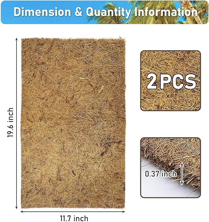 PIVBY 2 PCS Reptile Carpet, Natural Coco Coir Mat (19.6" x 11.7"), Coconut Fiber Substrate Pet Terrarium Liner for Bearded Dragon Tortoise Habitat Lizards Turtles Snakes Iguana Hermit Crab
