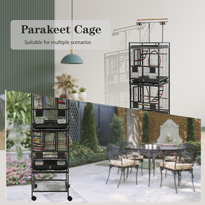 68" Double Bird Cage,Stackable Divided Parakeet Cage, Parrot Cages for Medium Birds with Bird cage Cover,Birdcage Seed Catcher,for Cockatiels Canaries Lovebirds Finches Budgies Small Parrots