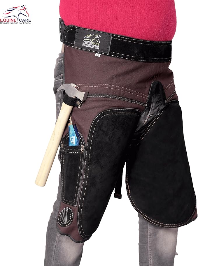 Equine Care Farrier Apron Chaps – 2mm Cowhide Suede Leather, 500 GSM Canvas, 23" Length, Adjustable Waist (28–52"), Ambidextrous Knife Pockets, Magnets & Loops – Horseshoeing & Hoof Trimming.