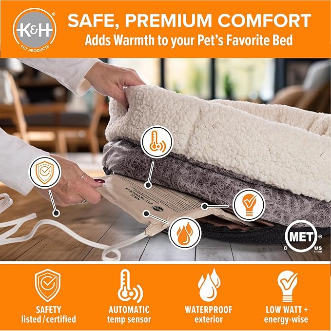 K&H Pet Products Pet Bed Warmer, Turn Any Pet Bed Into a Heated Cat or Dog Bed, Waterproof Indoor Heated Warming Pad Insert, Automatic Temperature, Safety Listed - Large 23.75 X 11in Tan