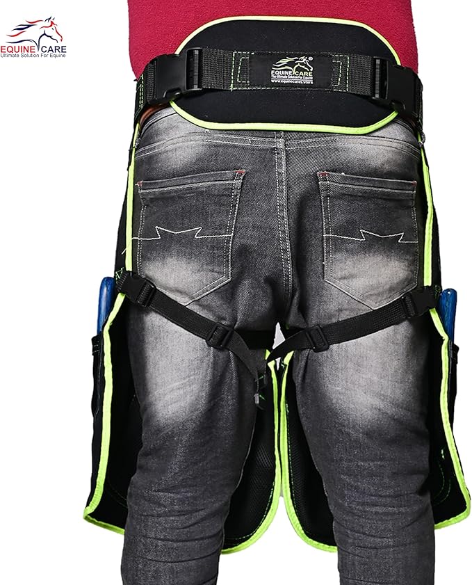 Equine Care Women’s Farrier Apron Chaps 23″ – Leather & Canvas, Adjustable 28–52″ Waist, EVA Padded Knees, Lumbar Support, 4 Knife Pockets & Nail Magnets for Hoof Trimming (Black with Green Piping)