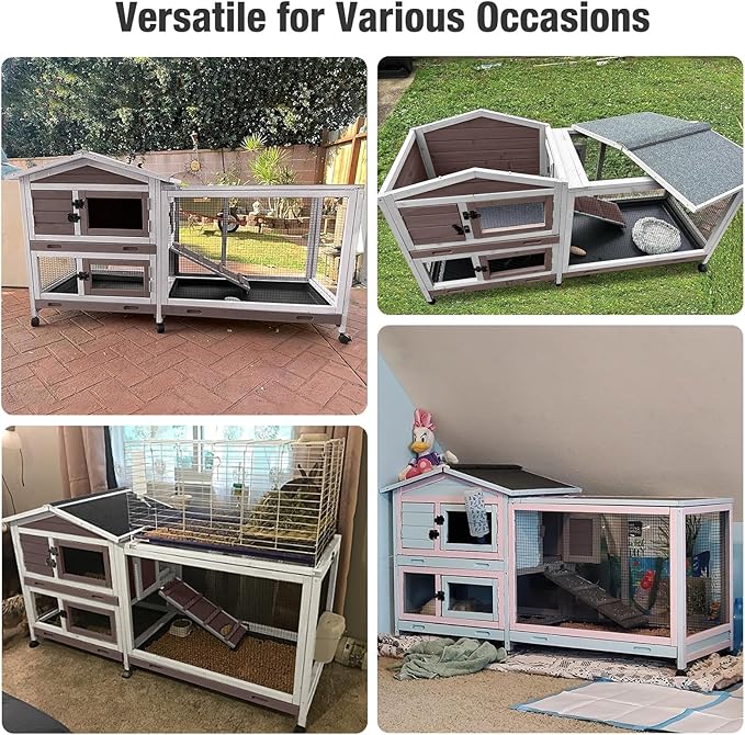 Indoor/Outdoor Rabbit Hutch with Pull-Out Tray, Weatherproof Bunny Cage & Attached Run - Also for Chickens (Brown, L)