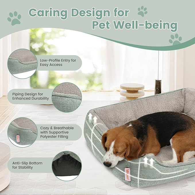 Miguel Faux Linen Dog Bed with Removable Cushion Pillow for Medium Small Dogs, Washable Pet Bed with Side Easy to Wash Puppy Bed, Rectangle Cat Bed for Indoor Cat with Anti-Slip Bottom, Green 35 Inch