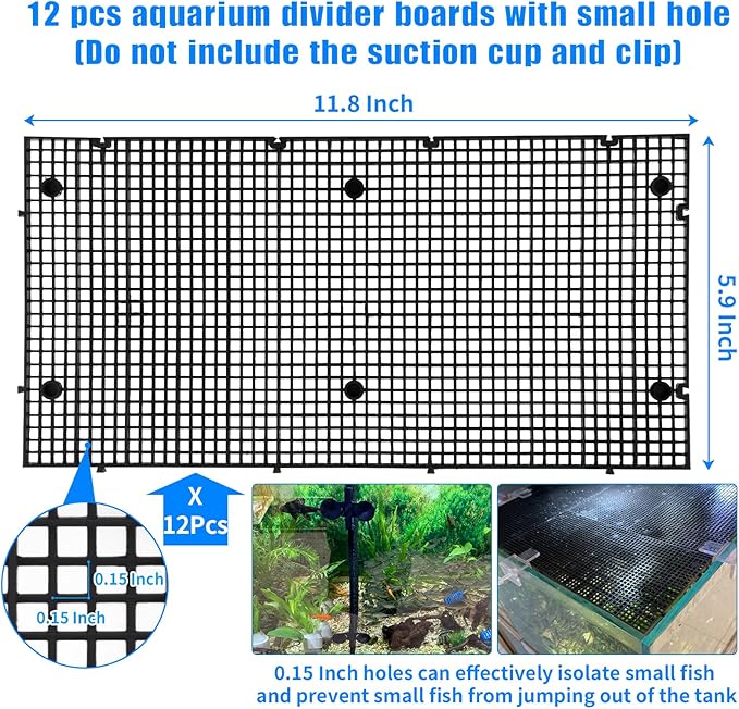 Plastic Egg Crate Grip Panel Fish Tank Divider Aquarium Divider Filter Bottom Fish Tank Isolation Board Egg Crate Tray (Black, 12pcs 11.8X5.9 Inch with 0.15 Inch Hole)