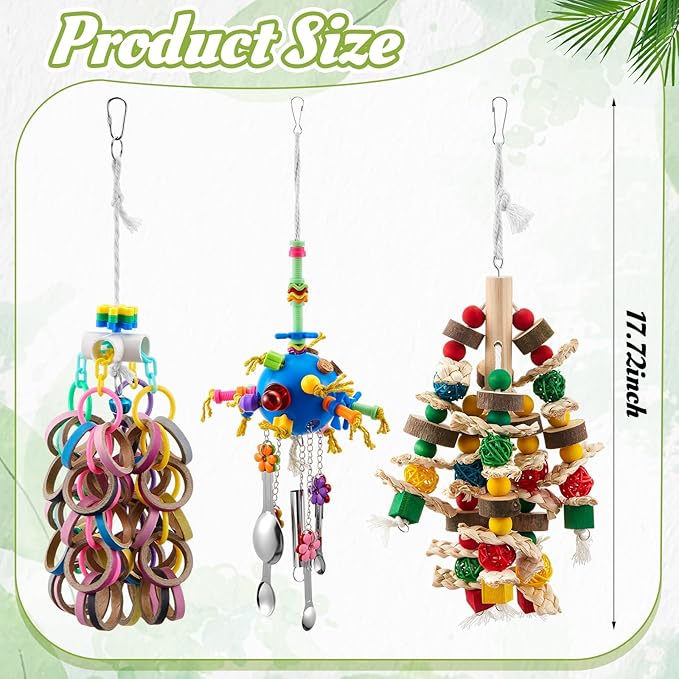 3 Pcs Extra Large Bird Parrot Toy Multicolored Natural Wooden Parrot Cage Chewing Toys for Large Medium Macaws Cockatoos African Grey Birds (Ring and Ball)