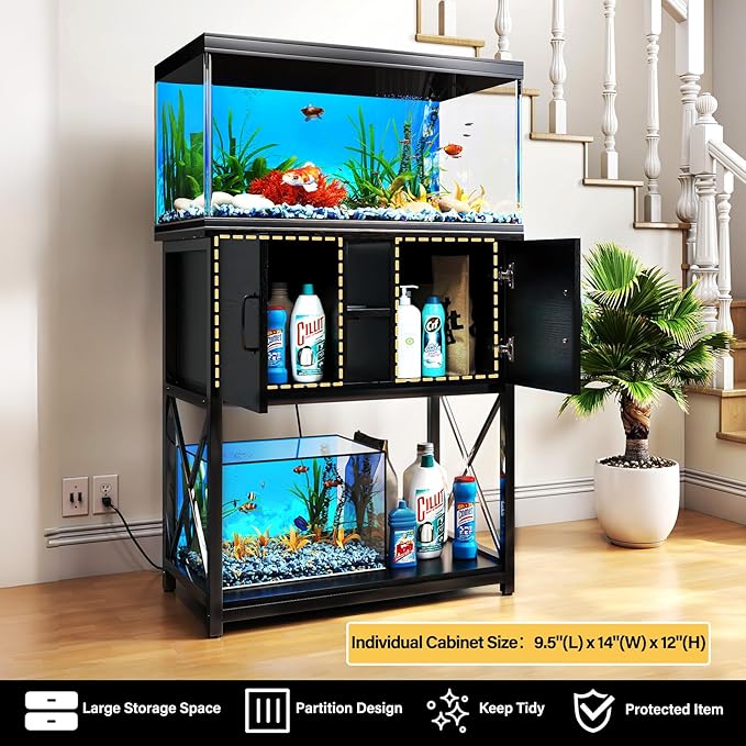 TC-HOMENY 10-29 Gallon Aquarium Stand with Charging Station and Cable Holes, Metal Fish Tank Stand with Storage Cabinet, 29" L x 16.5" W Tabletop, 880LBS Capacity