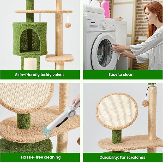 Erinnyees 57" Coconut Cat Tree for Indoor Cats, Multi Level Cat Tower with Plush Condo, Spacious Platform, Sisal-Covered Scratching Posts, Cat Activity Center with Hang Ball Toy, Pet Furniture, Green