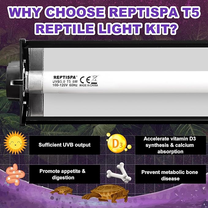 T5 HO UVB Lighting Combo Kit, 8W Reptile Light Fixture with Fluorescent Light Bulbs, Tropical 5.0 UVB Light for Reptiles and Amphibians, Basking Light for Bearded Dragon, High Output Natural Light