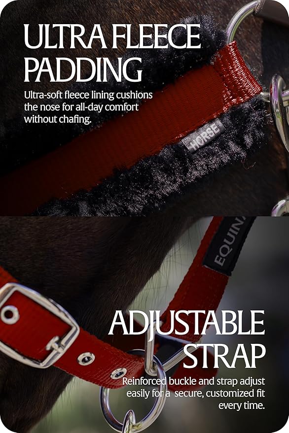 Equinavia Valkyrie Ultra Fleece Breakaway Horse Halter | Padded Fleece Adjustable Safety Halter with Nylon Webbing - Wine Red/Black - Horse