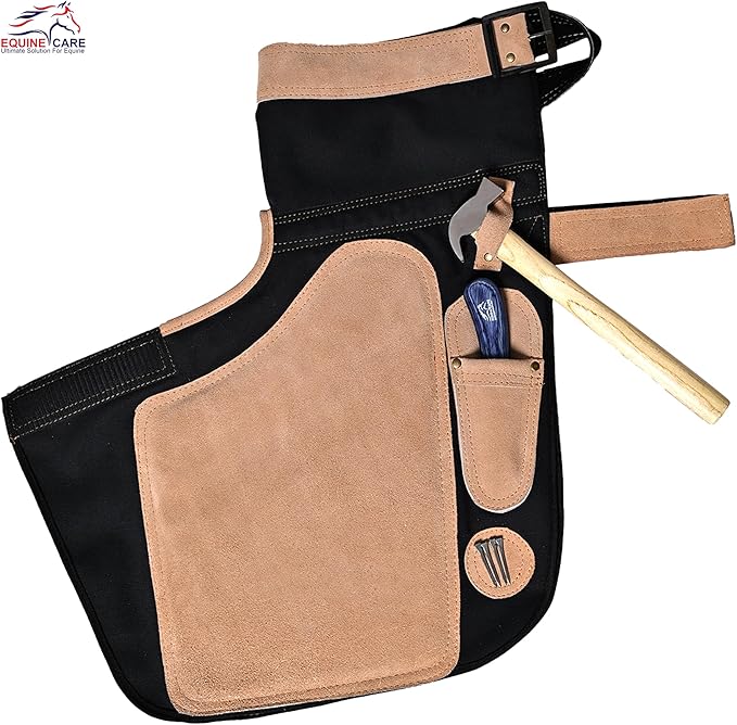 Equine Care Farrier Apron Chaps for Men 25" Cowhide Suede Leather & Canvas, Adjustable 28"-52" Waist, 2 Hammer Loops, Hoof Knife Pockets & Nail Magnets, Air Mesh, Farrier Tools for Hoof Trimming.