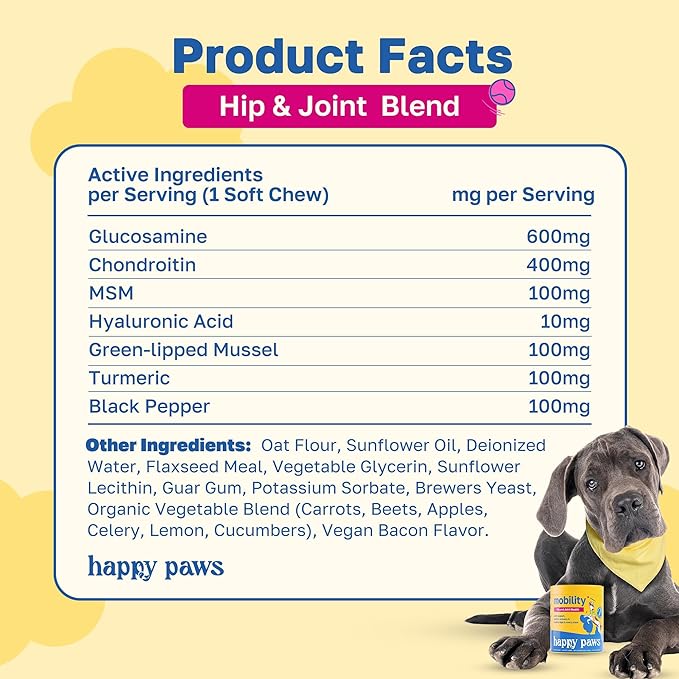 Happy Paws Hip & Joint Supplement for Dogs, Glucosamine Chondroitin For Dogs Of All Breeds, Mobility Support Chews With Hyaluronic Acid & Turmeric, Vegan Bacon Flavor, Organic, Non GMO, 100 Soft Chews