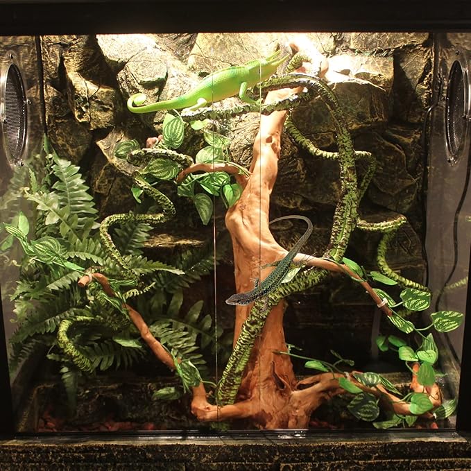 Fhiny 4 PCS Reptile Vines Plants Bendable Flexible Jungle Climbing Vines Plastic Leaves with Suction Cups Tank Accessories Habitat Decor for Bearded Dragons Lizards Snakes Geckos Frogs